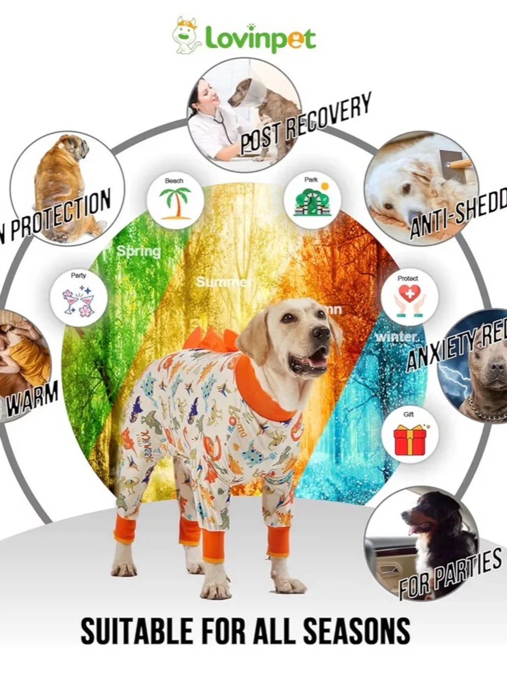 Dinosaur Print Full-Body Dog Pajamas — Orange Trim